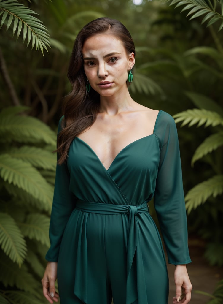 Close-up shot of Natalie Portman standing confidently in a lush green environment, wearing a stunning emerald green jumpsuit that hugs her curves. The camera captures the intricate details of the outfit as she strikes a powerful pose, with the vibrant foliage surrounding her creating a dramatic backdrop. Soft natural light illuminates her features, accentuating her beauty.