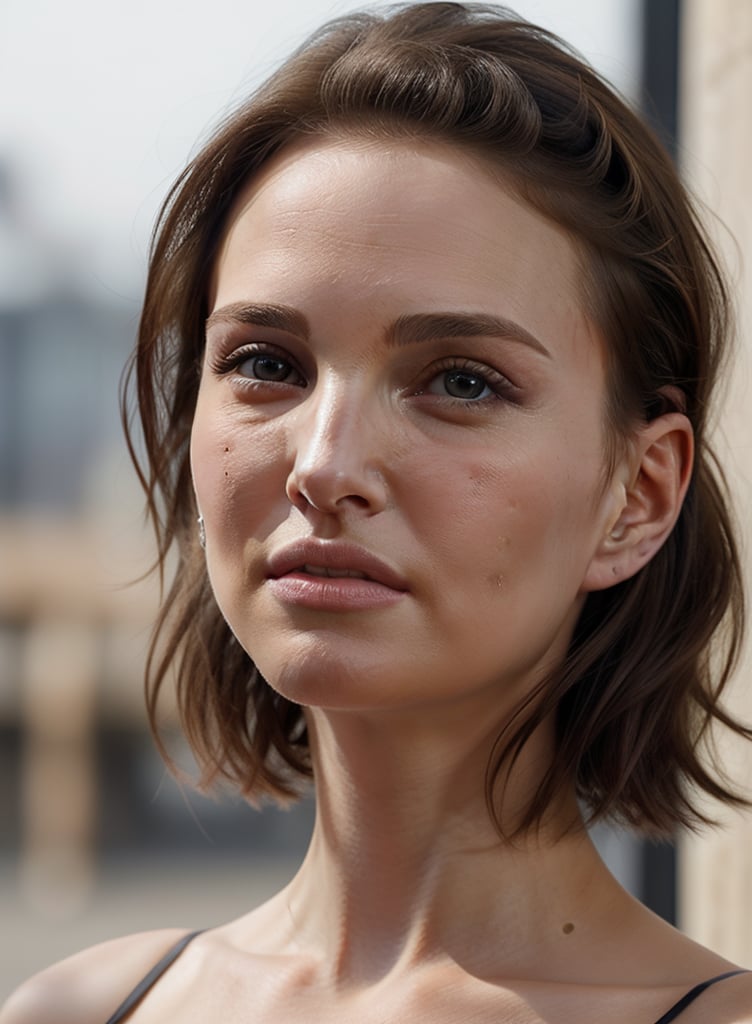 A close-up shot of Natalie Portman's scalp, lit with a warm, golden light, highlighting every detail of her newly bald head. The camera frames her face, focusing on the smooth, unadorned skin, with a subtle shadow on the forehead and temples. Her eyes, still expressive, gaze directly into the lens, conveying a sense of vulnerability and confidence.