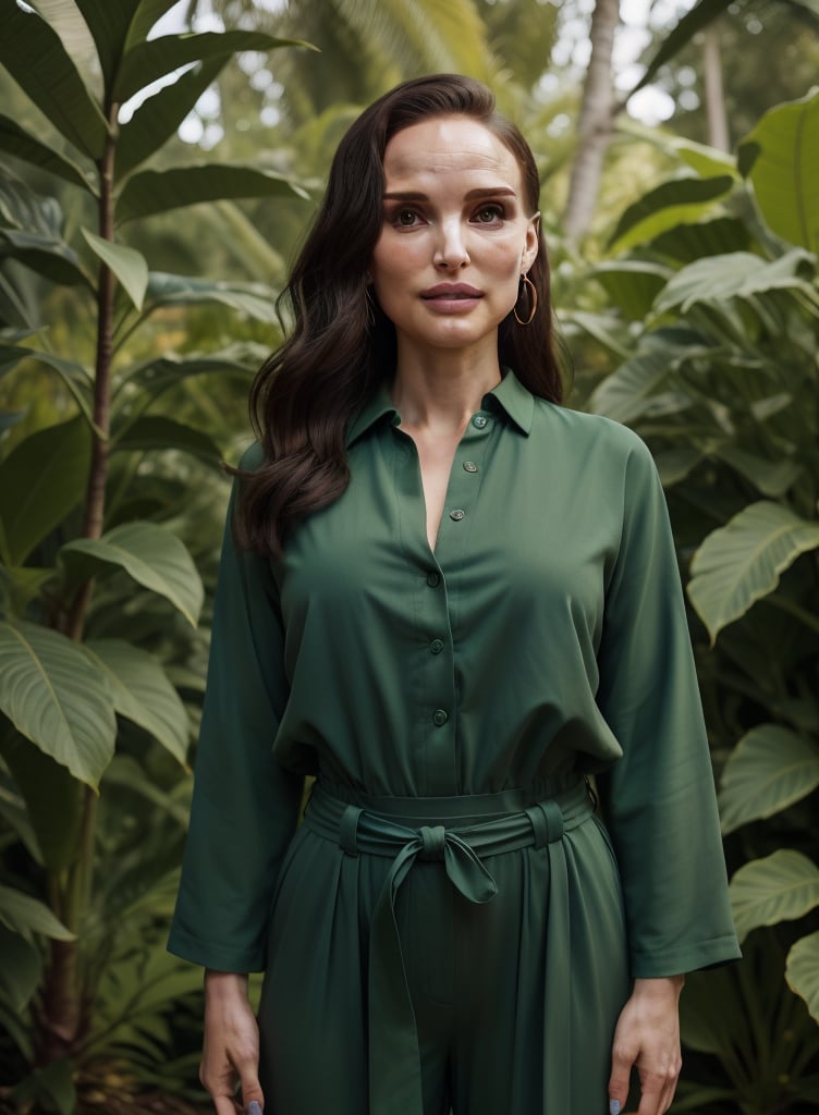 Close-up shot of Natalie Portman standing confidently in a lush green environment, wearing a stunning emerald green jumpsuit that hugs her curves. The camera captures the intricate details of the outfit as she strikes a powerful pose, with the vibrant foliage surrounding her creating a dramatic backdrop. Soft natural light illuminates her features, accentuating her beauty.