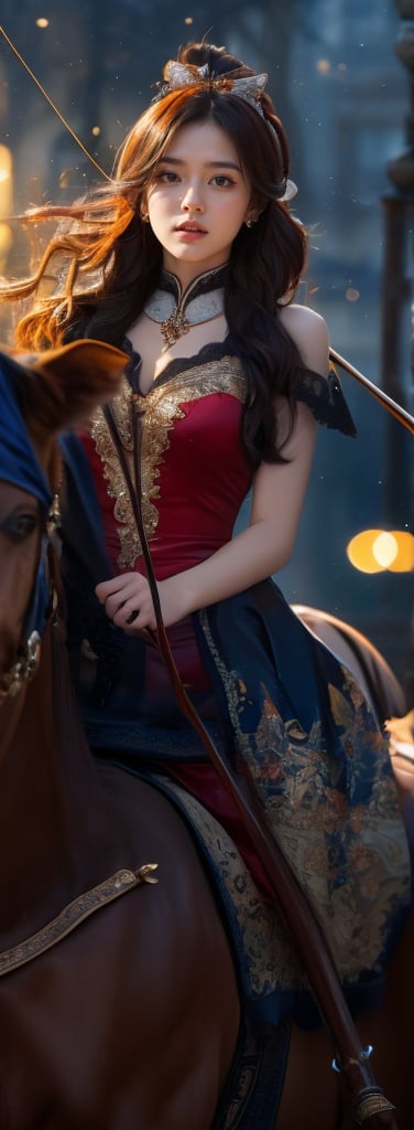 a young woman,looking at the camera, posing,ulzzang, streaming on twitch, character album cover,red moment,style of bokeh, witch dress, ,moody lighting,appropriate comparison of cold and warm, hair over one eye, bow on head, reality,idol,Beauty,beauty,Holding a Recurve Bow, riding a horse