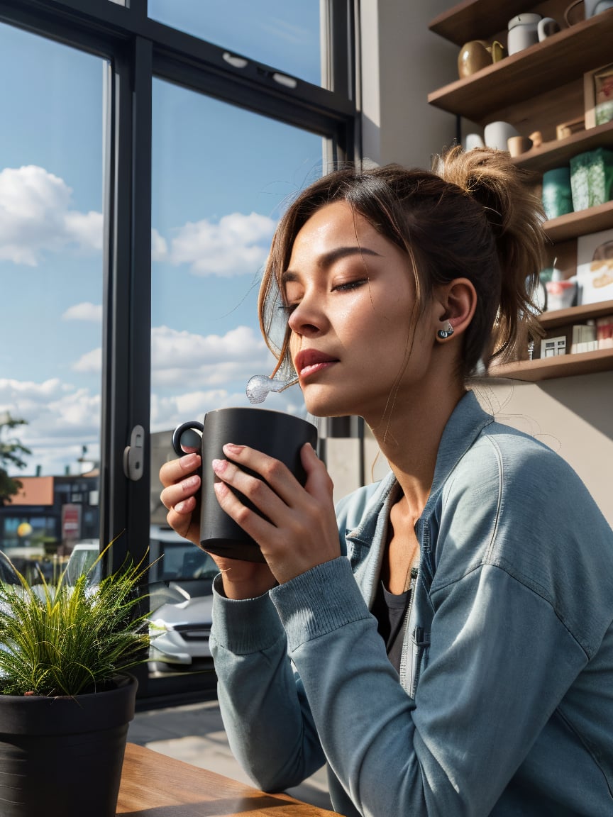 photorealistic 21-year-old female influencer with blue eyes and long blonde hair styled in a high ponytail. She is sitting...