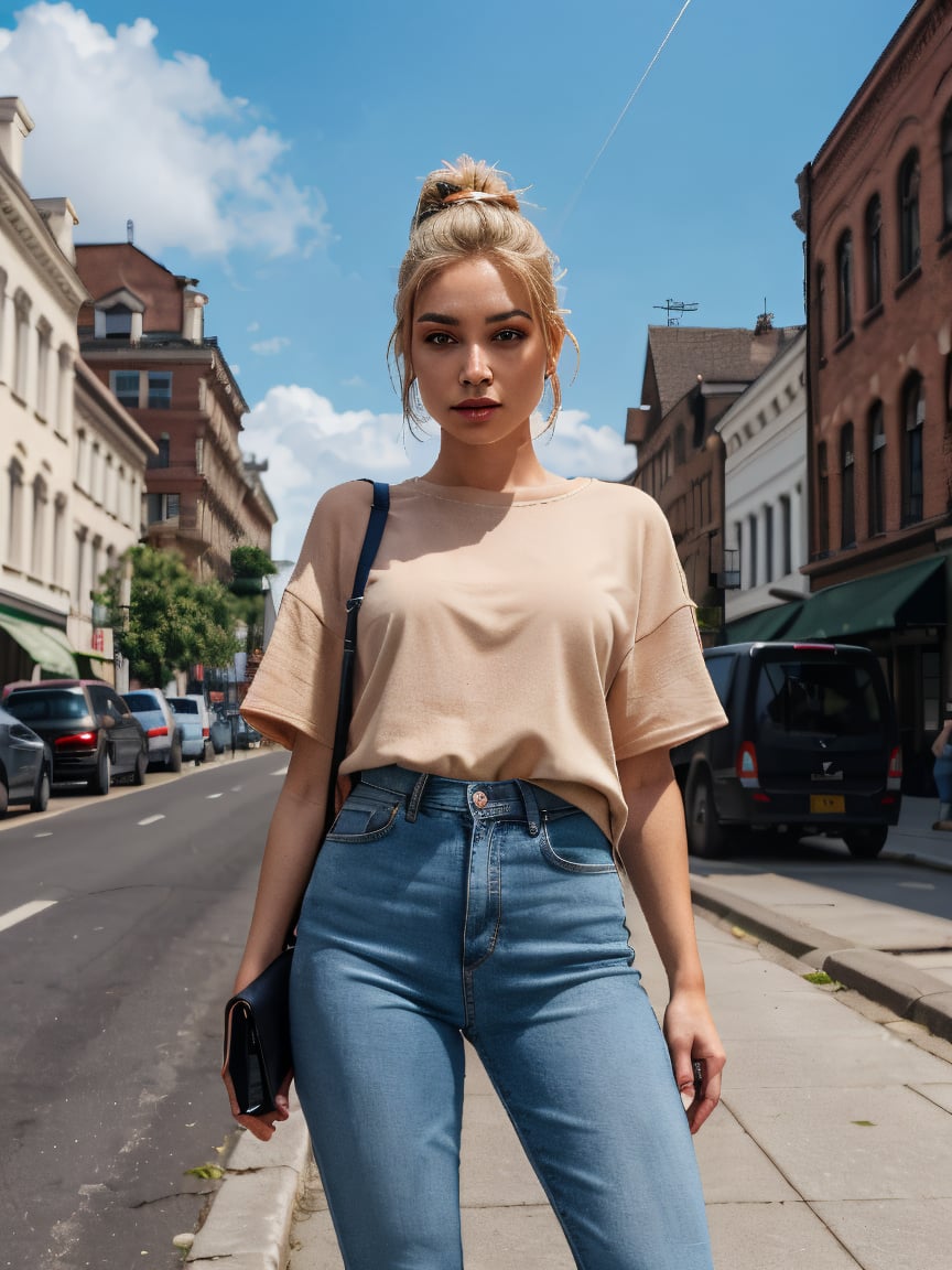 A photorealistic 21-year-old female influencer with blue eyes and perfect blonde hair tied in a high ponytail. She is posi...