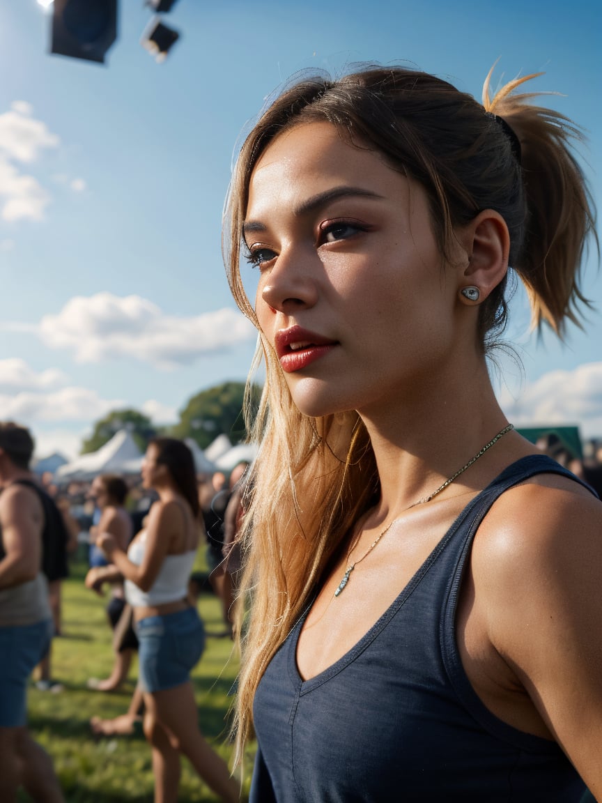 A photorealistic 21-year-old female influencer with blue eyes and long blonde hair in a high ponytail. She is at an outdoo...