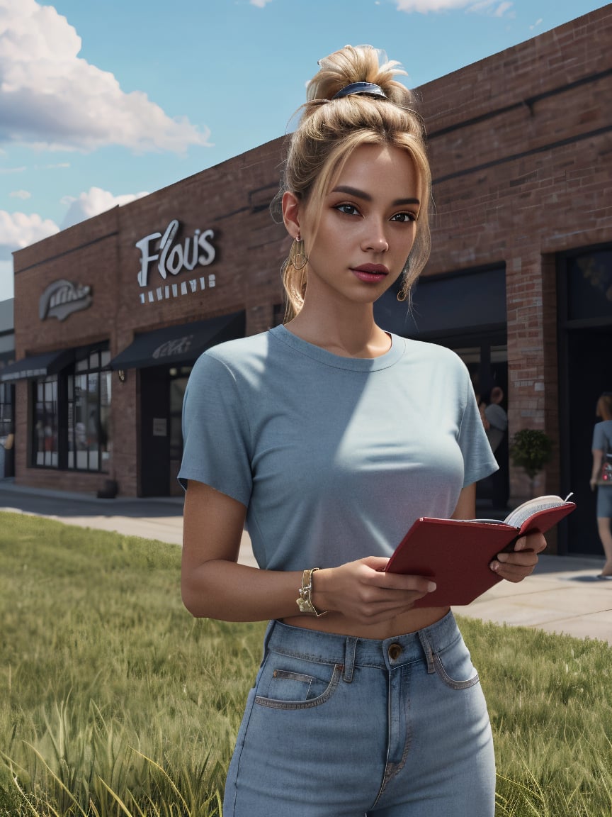 photorealistic 21-year-old female influencer with blue eyes and long blonde hair styled in a high ponytail. She is browsin...