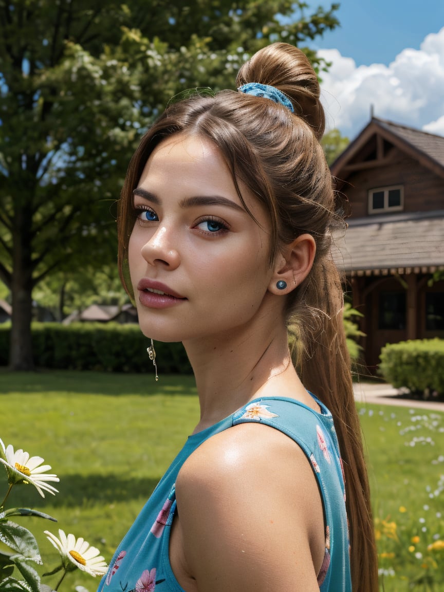 photorealistic 21-year-old female influencer with blue eyes and long blonde hair styled in a high ponytail. She is having...