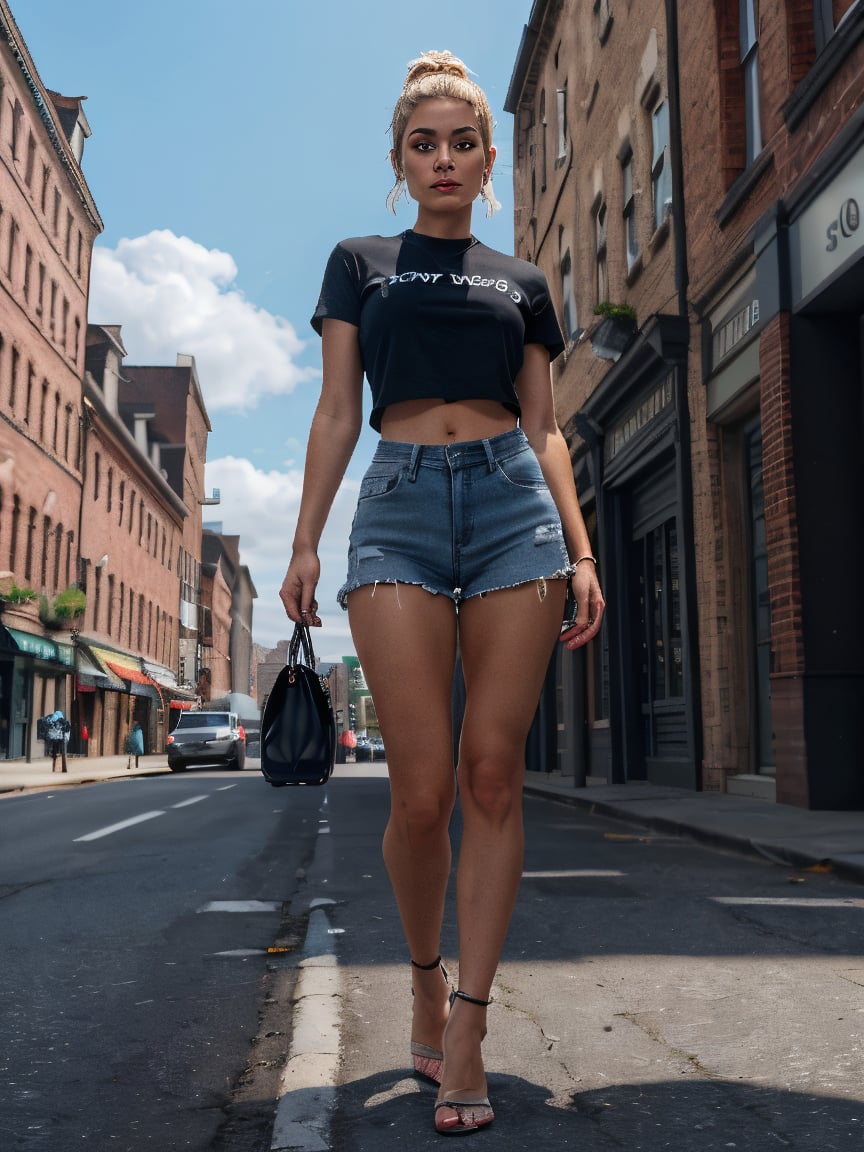A photorealistic 21-year-old female influencer with blue eyes and perfect blonde hair tied in a high ponytail. She is posi...