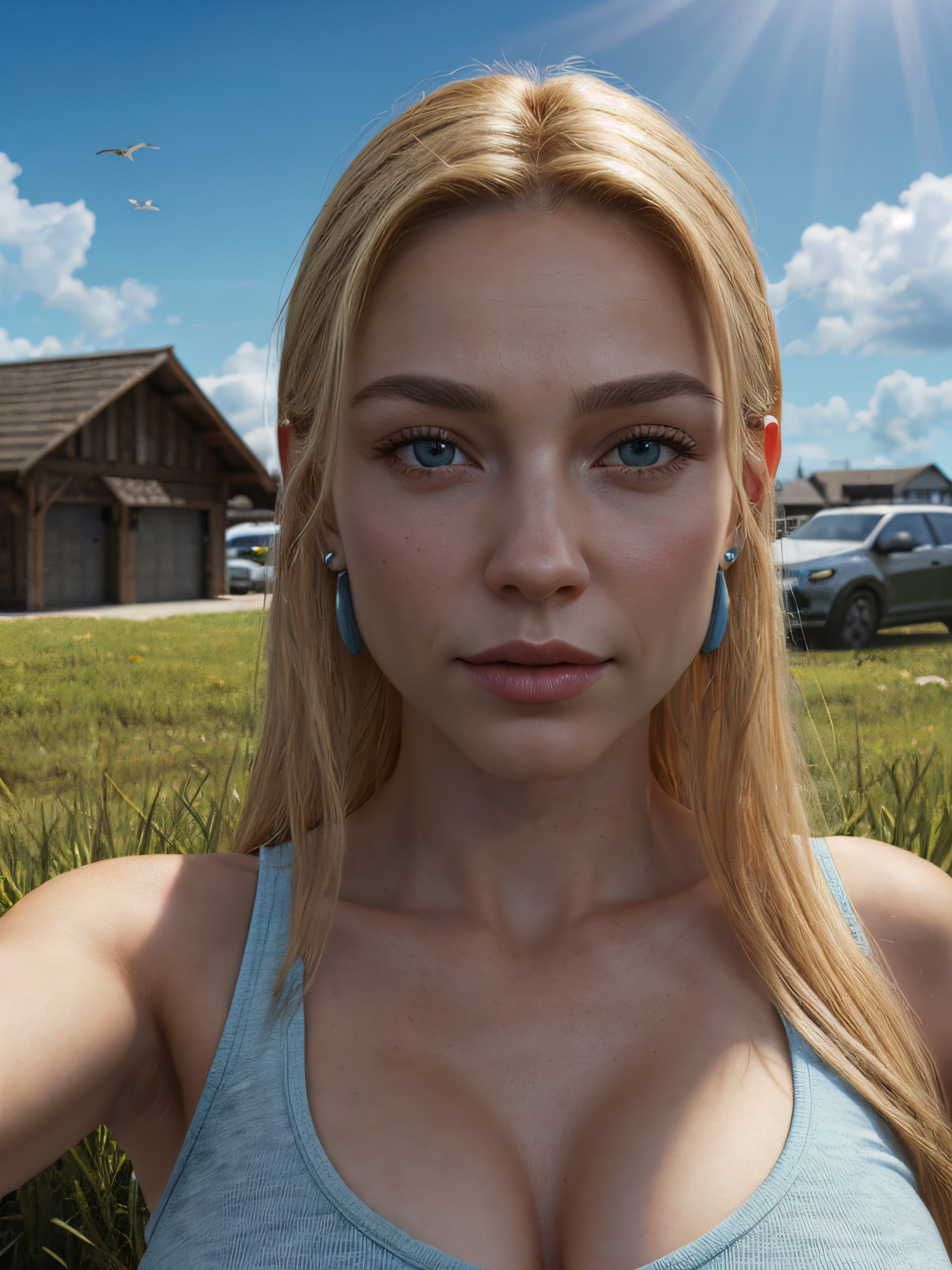 photorealistic 8k quailty life like beautiful americen 21 year old blonde long cute hair bright baby blue eyes perfect fac...