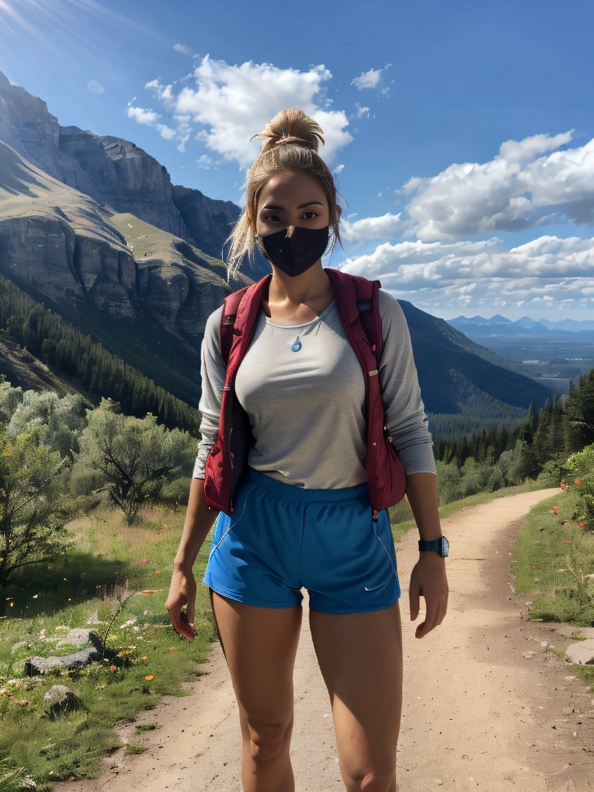 : photorealistic 21-year-old female influencer with blue eyes and perfect blonde hair tied in a high ponytail. She is hiki...