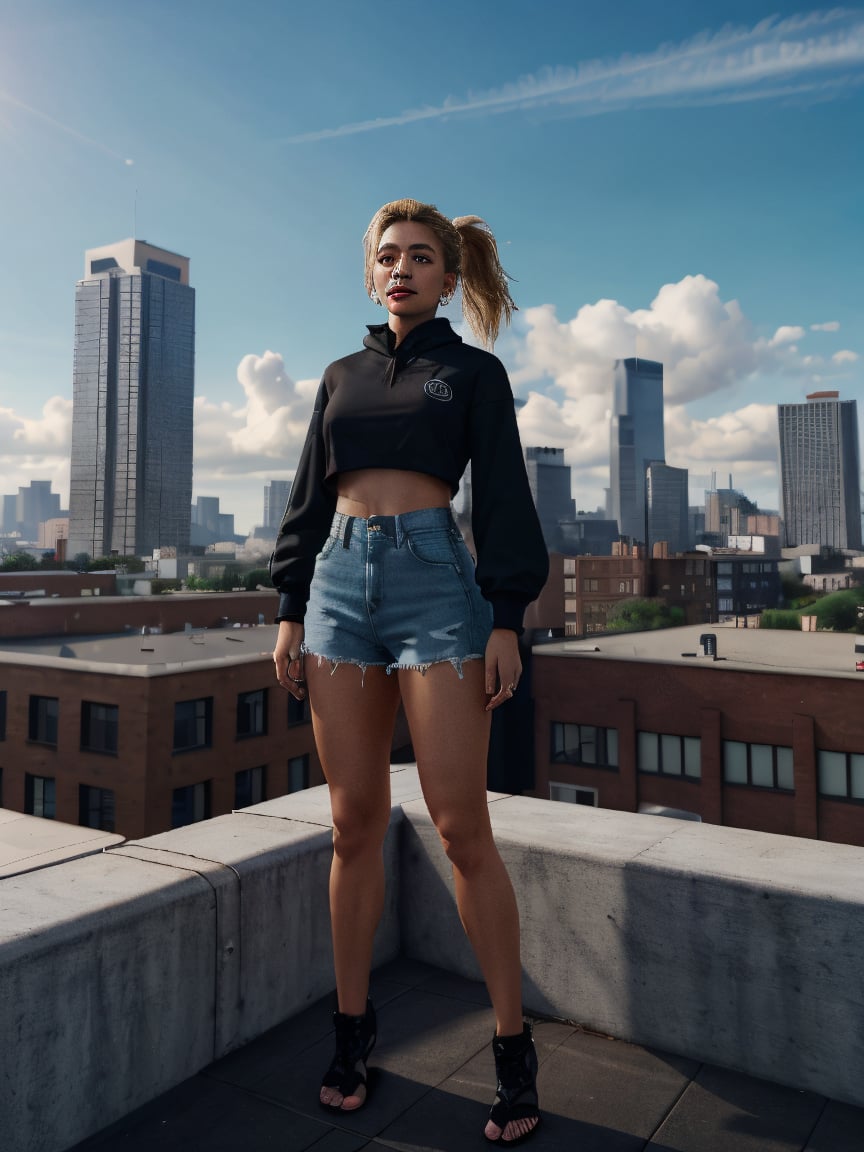 A photorealistic 21-year-old female influencer with blue eyes and perfect blonde hair tied in a high ponytail. She is stan...