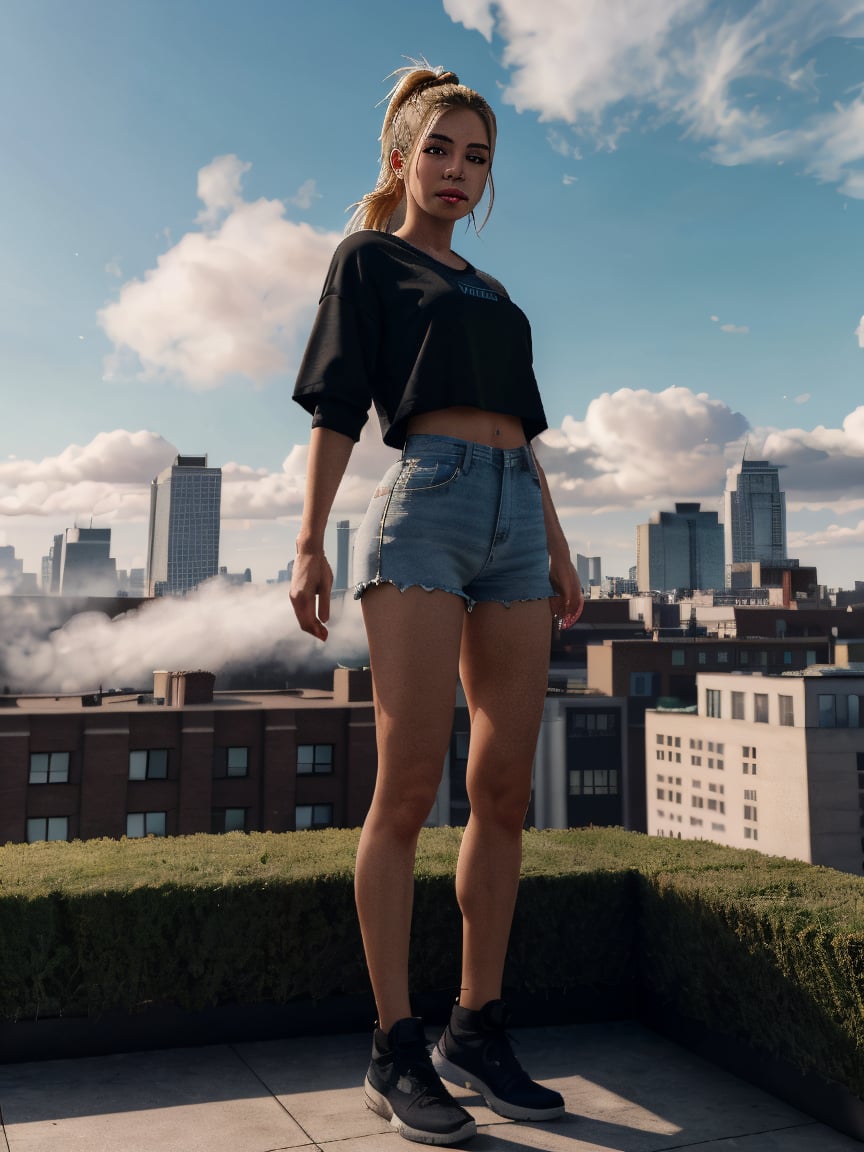 A photorealistic 21-year-old female influencer with blue eyes and perfect blonde hair tied in a high ponytail. She is stan...