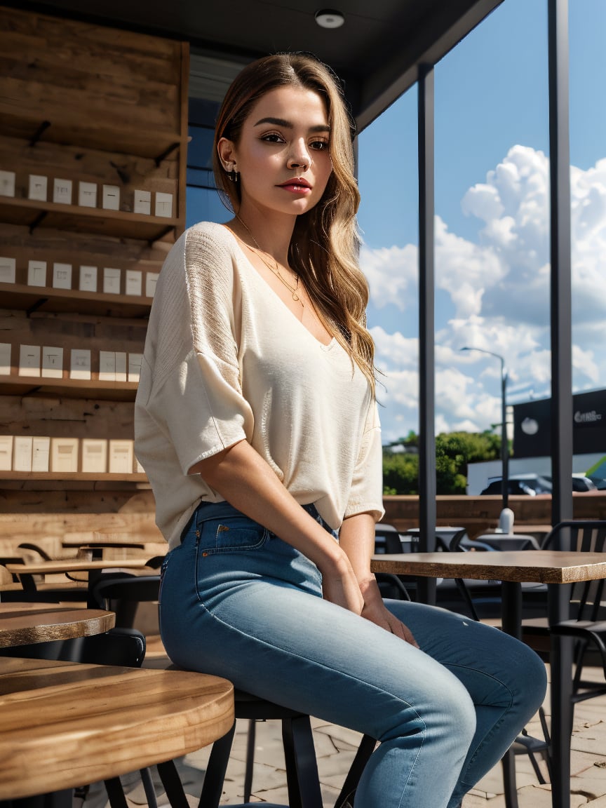 photorealistic 21-year-old female influencer with blue eyes and long blonde hair styled in a high ponytail. She is sitting...
