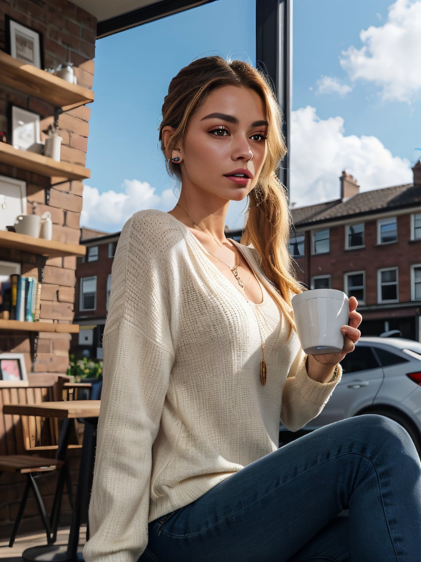 photorealistic 21-year-old female influencer with blue eyes and long blonde hair styled in a high ponytail. She is sitting...