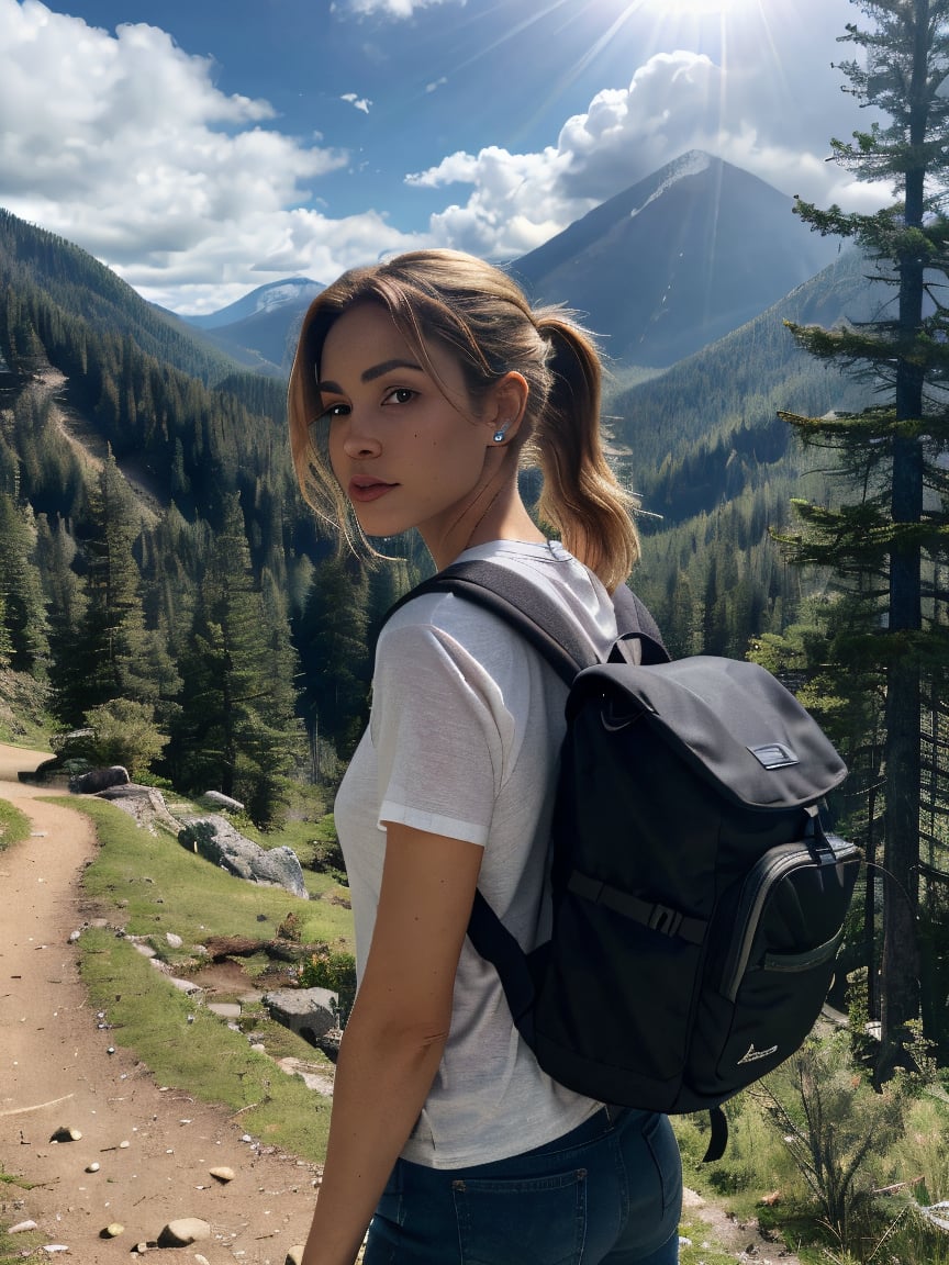 photorealistic 21-year-old female influencer with blue eyes and long blonde hair styled in a high ponytail. She is hiking...