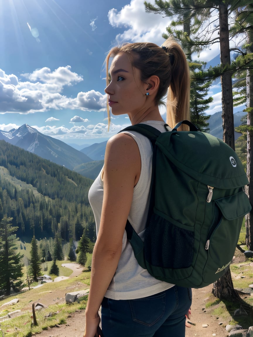 photorealistic 21-year-old female influencer with blue eyes and long blonde hair styled in a high ponytail. She is hiking...