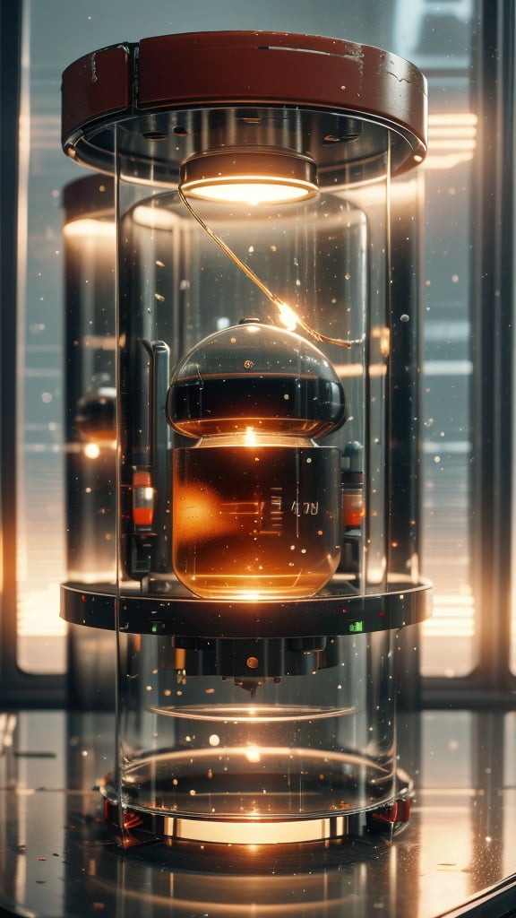 Main Object: Modern binary grenade with segmented chemical chambers and trigger mechanism
Time: Dusk, classified testing facility
Place: Laboratory with reinforced glass observation area
Scene Description: A binary grenade with intricate, segmented chambers sits on a test table. Its transparent casing reveals the dual chemicals separated by a thin membrane, and a detailed trigger mechanism gl