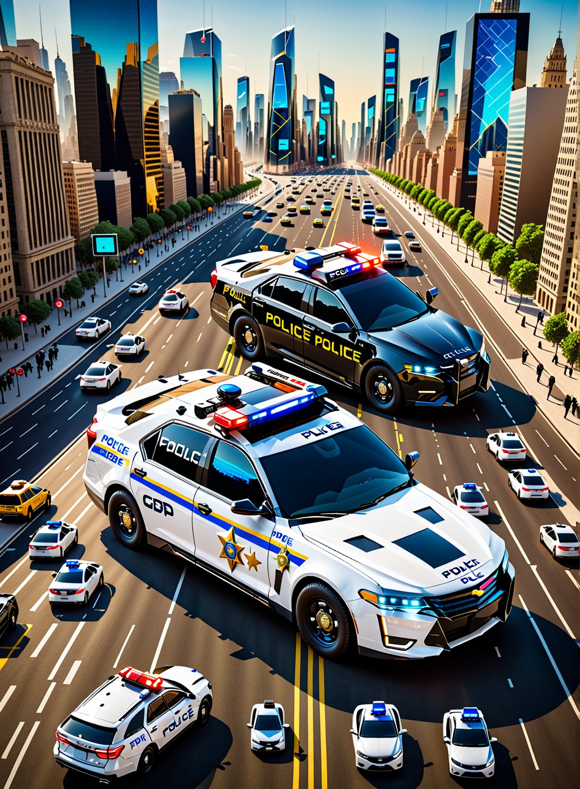 A futuristic police cruiser equipped with GPS, flying over a sprawling metropolis, with digital screens showing the real-time tracking of vehicles, foreshadowing the evolution of satellite navigation from the military to everyday life