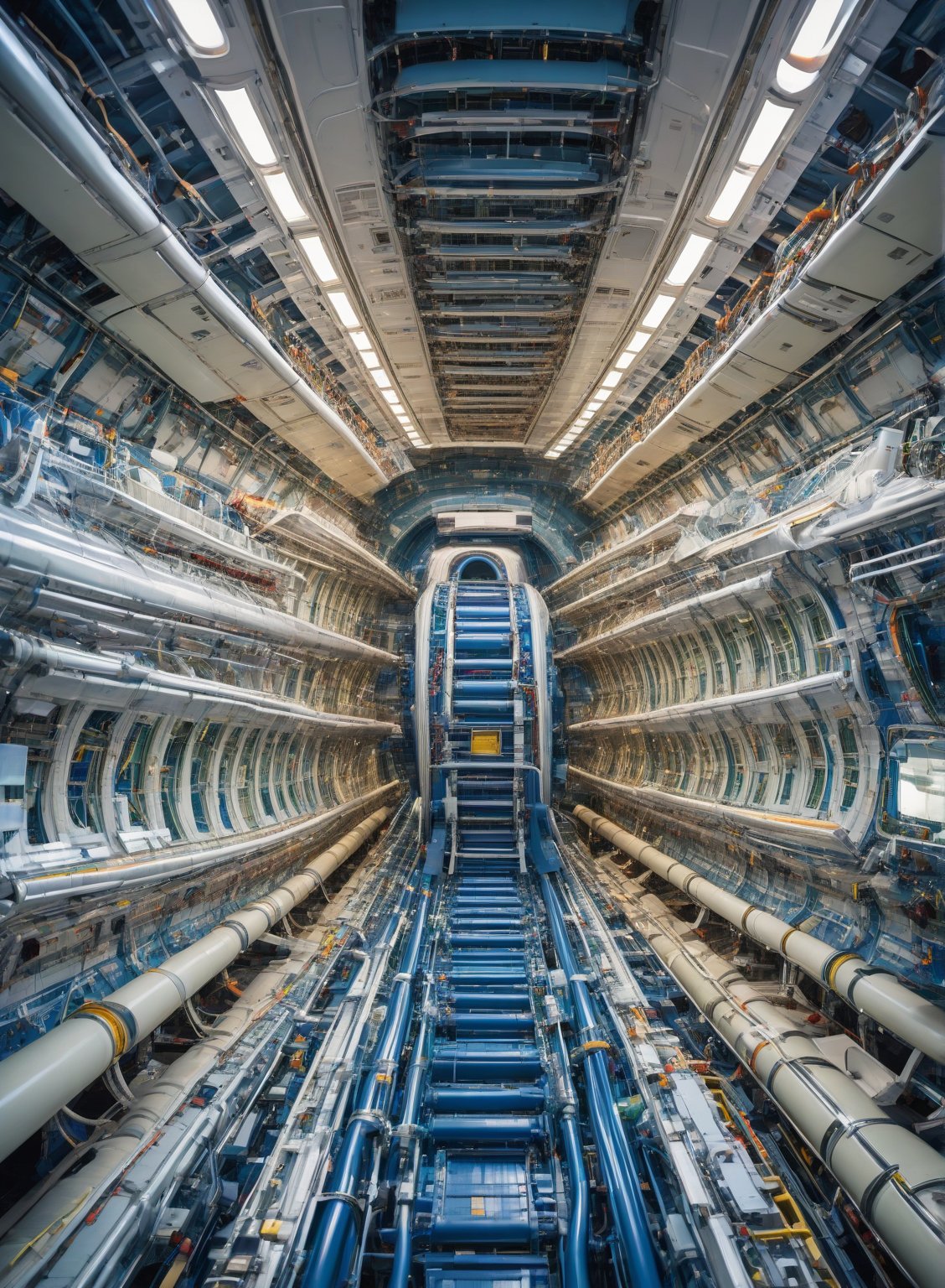 The inner workings of a commercial jet's air circulation system, with pressurized air flowing through ducts, being filtered and mixed with fresh, compressed outside air at 35,000 feet, creating a futuristic, industrial aesthetic