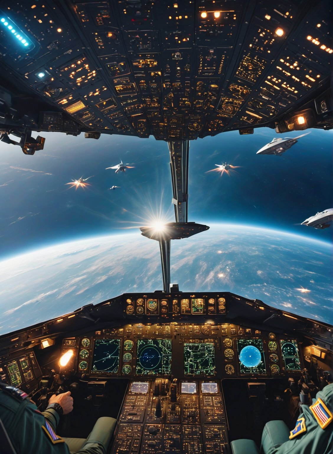 A military pilot's cockpit view as they encounter an unidentified flying object (UFO), with strange lights in the distance reflecting off the cockpit glass, and the pilot’s hands hovering over the controls, ready to react.