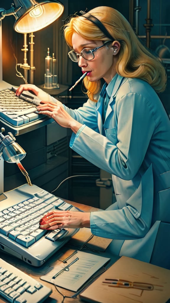 A forensic scientist in a laboratory, swabbing a heavily used laptop keyboard, illuminated by a desk lamp, illustrating how germs accumulate on frequently used keyboards over time