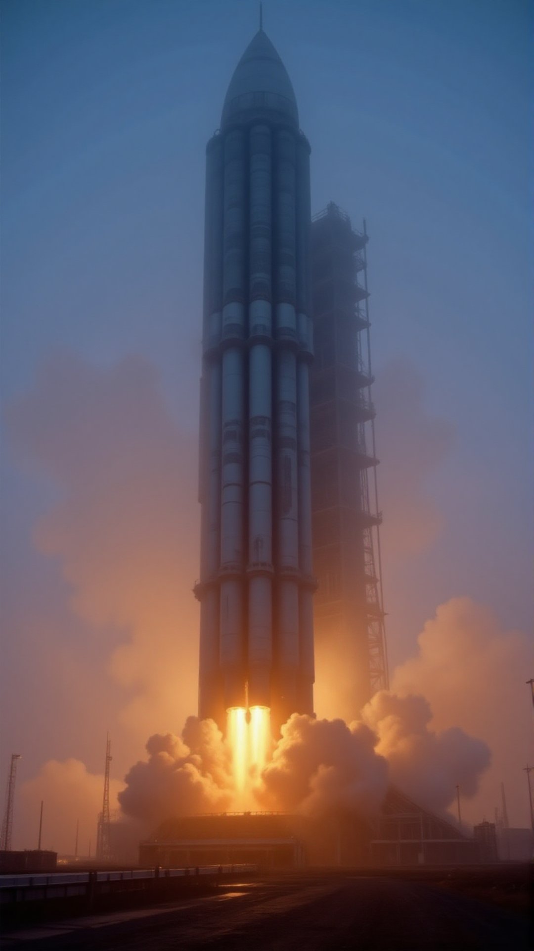 Main Object: Intercontinental ballistic missile (ICBM), highlighting booster stage

Scene: A powerful, multi-stage ICBM launching against a backdrop of early dawn.
Time: Early dawn, with hints of orange on the horizon.
Place: Remote launch site with a dense fog rolling over the platform.
Description: A close-up on the lower booster stage of a massive ICBM, its engine igniting with vibrant, fiery thrust. The missile’s sleek, metallic body reflects the dim light, contrasting the cloudy, cold environment surrounding the site.