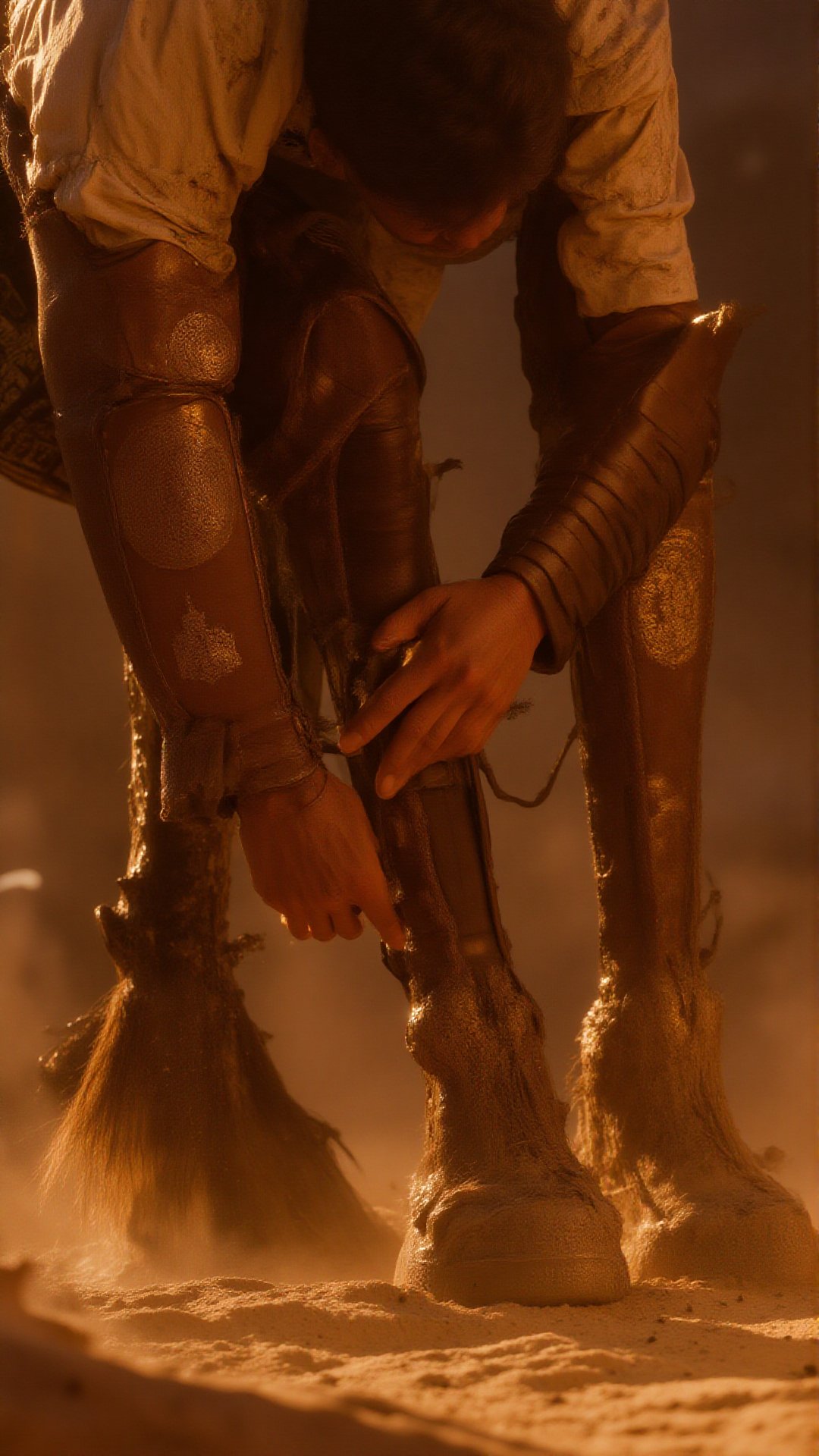 Scene: A Persian warrior adjusts his leather, high-heeled boots beside his horse; Time: Dawn with a soft, golden light; Place: An ancient Persian battlefield, surrounded by sand dunes; Object: Brown, sturdy leather boots with thick heels, slight dust on the surface, and faint engravings on the leather, crafted for stability.