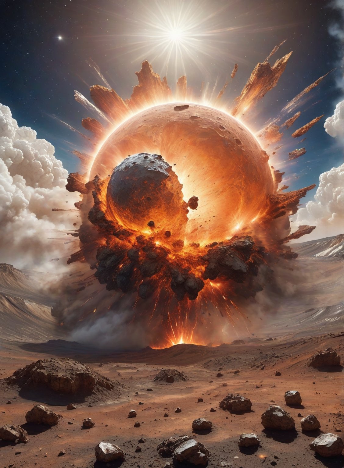 A massive collision between a Mars-sized body and the young Earth, throwing up a cloud of debris that eventually coalesces to form the Moon, with molten fragments orbiting in space