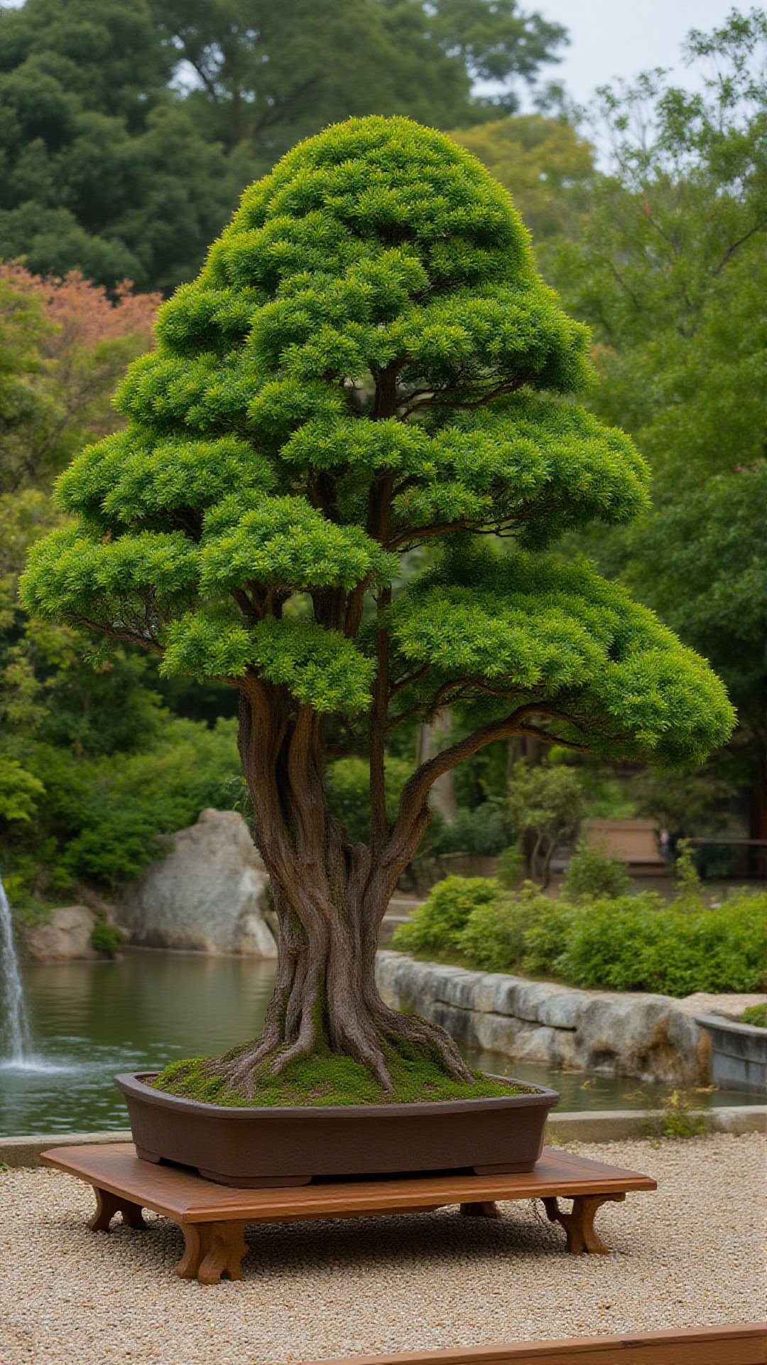 Main Object: Bonsai tree, miniaturized but capturing the essence of a large tree
Scene: A carefully tended bonsai on a wooden stand.
Time: Late morning, with soft sunlight highlighting intricate details.
Place: Traditional Japanese garden with a gravel path and water feature.
Description: The bonsai tree, though small, mirrors the form of an ancient giant, symbolizing patience