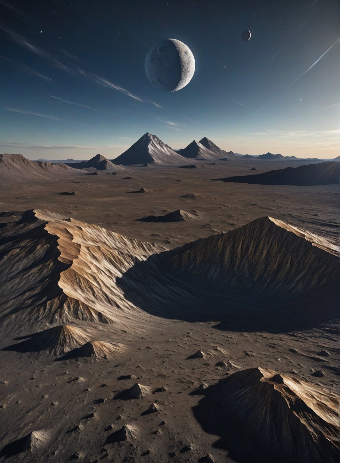 The towering peaks of Mons Huygens on the Moon, standing against a dark star-filled sky, their sharp ridges casting long shadows across the surrounding plains