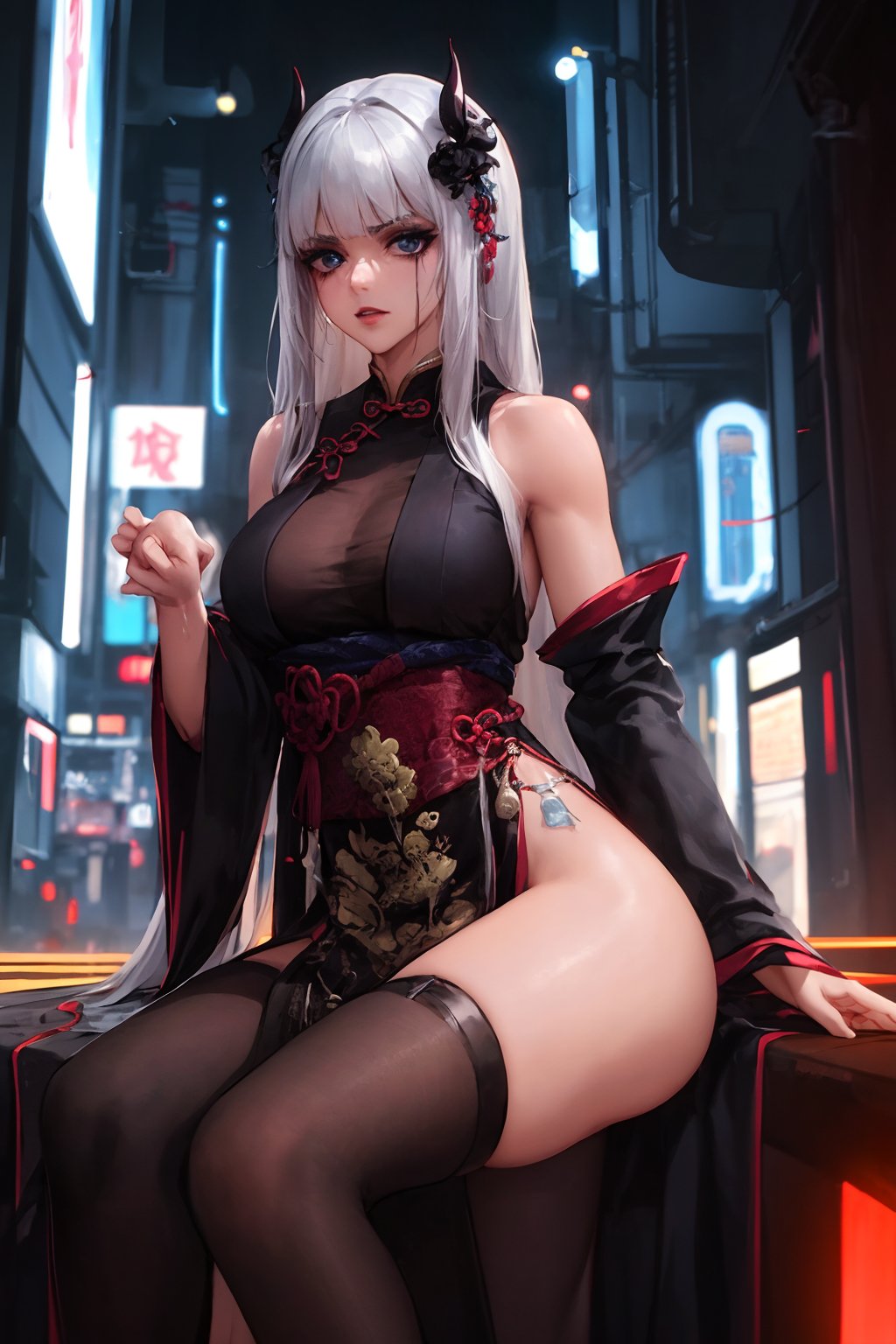 Sexy Pose , (masterpiece),(solo), 1 Japanese beauty, white hair ,  (high sexual attraction,long hair), in the dark night, (sexy Chinese Hanfu+body implants) ,(highly detailed background of ancient Indian achitechture with neon lights) ,Cyberpunk,Enhance,  Chinese fantasy art