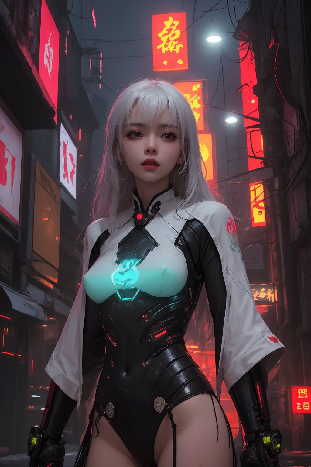 Sexy Pose , (masterpiece),(solo), 1 Japanese beauty, white hair ,  (high sexual attraction,long hair), in the dark night, (sexy Chinese Hanfu+body implants) ,(highly detailed background of ancient Indian achitechture with neon lights) ,Cyberpunk,Enhance,  Chinese fantasy art