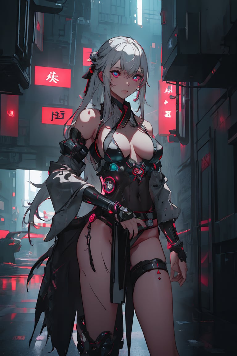 Sexy Pose , (masterpiece),(solo), 1 Japanese beauty, white hair ,  (high sexual attraction,long hair), in the dark night, (sexy Chinese Hanfu+body implants) ,(highly detailed background of ancient Indian achitechture with neon lights) ,Cyberpunk,Enhance,  Chinese fantasy art