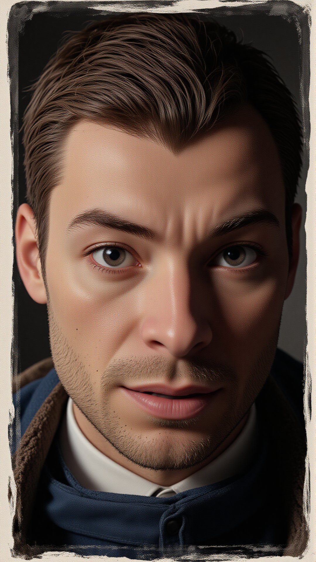 Main Character: Close-up of the detective’s face, looking directly at the camera with a firm, slightly accusing expression, as though he’s sharing his realization with someone.