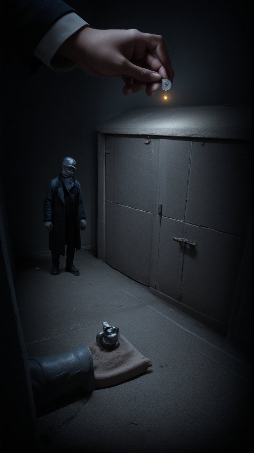 Main Character: Close-up of the detective’s hand holding a small, shiny coin, preparing to drop it out of a closed window. The detective’s hand is steady, suggesting careful thought behind each throw. Scene Details: The detective stands near the closed window on each floor, his hand positioned to throw the coin. The surrounding hallway is dark, and the light from the coin is faint but reflective, capturing his serious approach to solving the case. Mood: Methodical, suspenseful
Additional Details: As the coin drops, a faint glimmer is seen, representing the detective’s careful attention to each detail.