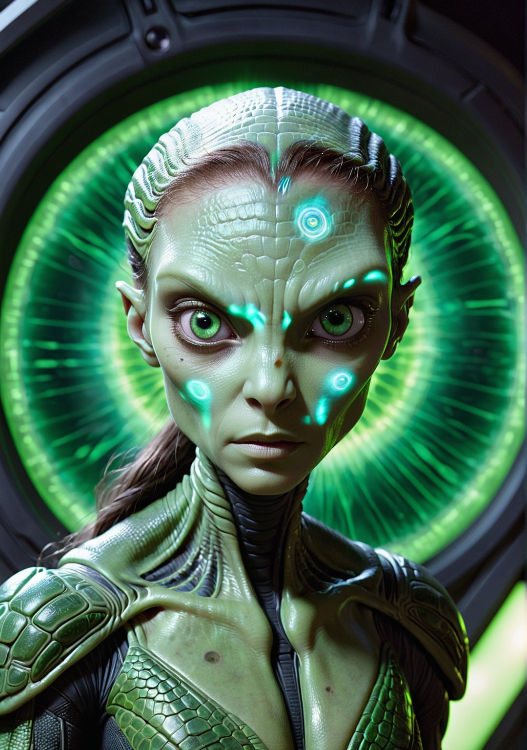 An alien commander of The Xhelis, with its reptilian eyes glowing coldly, stands inside the command chamber of its mothership. It watches the human ships scatter on the holographic screen before it, planning its next strike. The chamber is dark, illuminated only by the eerie green light of the hologram and the occasional flashes of distant explosions outside the observation windows