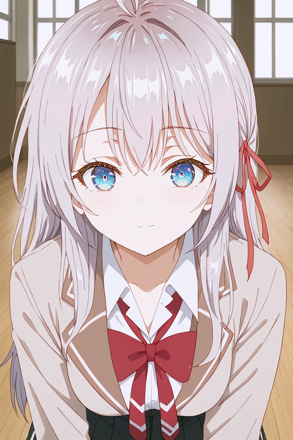 Score_9, score_8_up, score_7_up, (Masterpiece), (8K work), Bent forward, On all fours, On the floor, Looking backward, Tilt head, Close-up face, Eyes looking at viewer, Indoors, Viewed from behind , white hair, blue eyes, red ribbon, ahoge, school uniform,skirt,grey hair,hair ribbon,bangs,long hair,alisa mikhailovna kujou,<lora:alisa-mikhailovna-kujou-alpha-pony