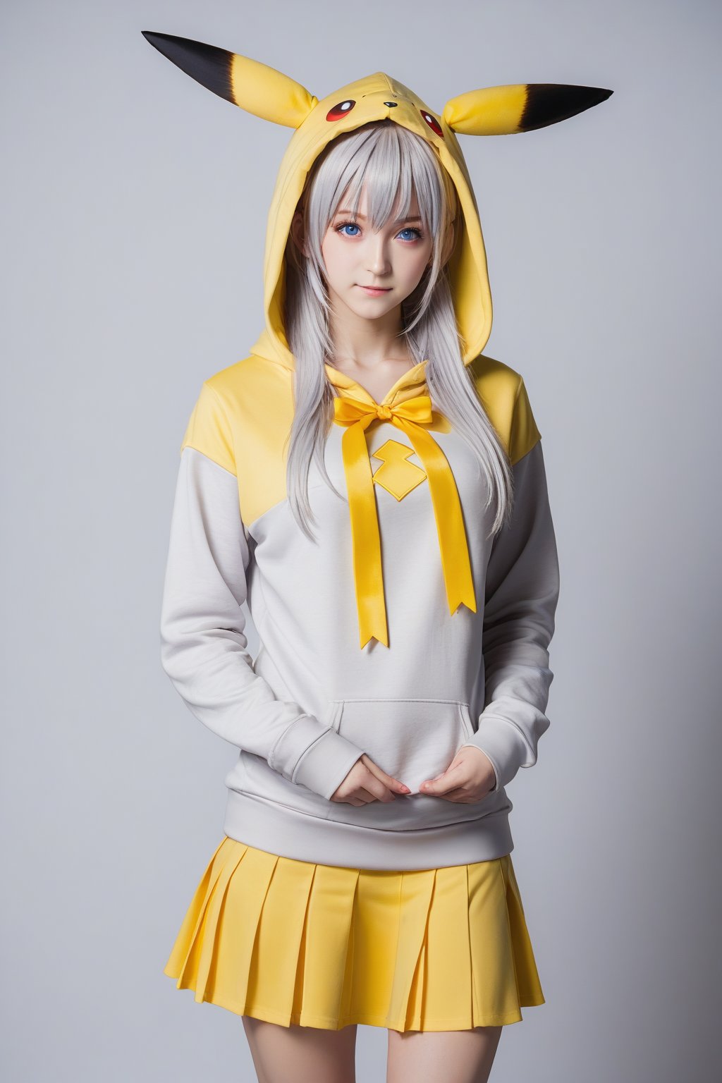 PIKACHU \(PIKACHU\), CHARACTER PRINT,HOOD, HOODIE, YELLOW HOODIE,skirt,PIKACHUCOSPLAY,red ribbon,hair ribbon,blue eyes,ahoge,bangs,grey hair,long hair,alisa mikhailovna kujou,<lora:alisa-mikhailovna-kujou-alpha-pony