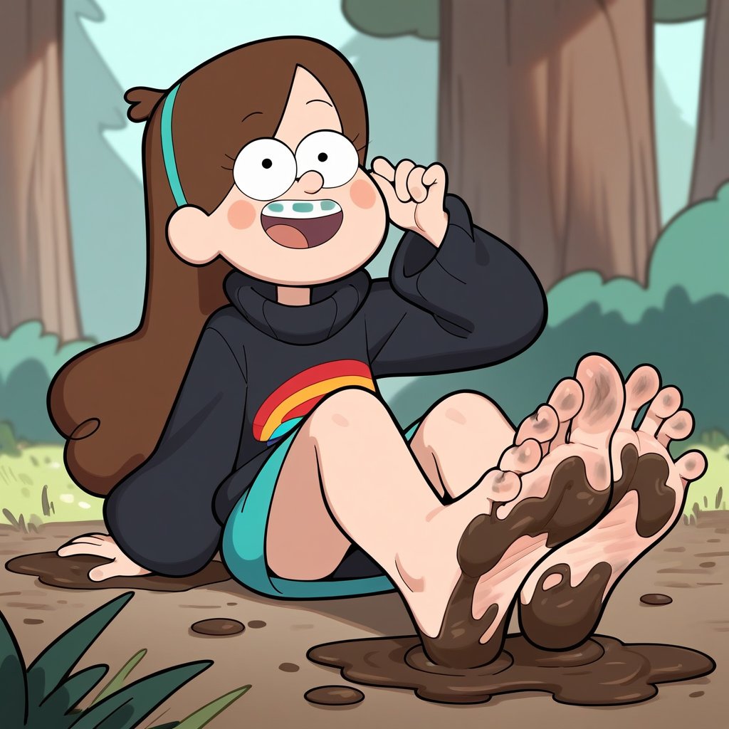 score_9, score_8_up, score_7_up, score_6_up, score_5_up, score_4_up, 1girl, brown hair, long hair, sweater, black sweater, skirt, feet, soles, toes, barefoot, foot focus, mabel pines, open mouth, happy expression, looking at viewer, dirty feet, mud, muddy, outdoors