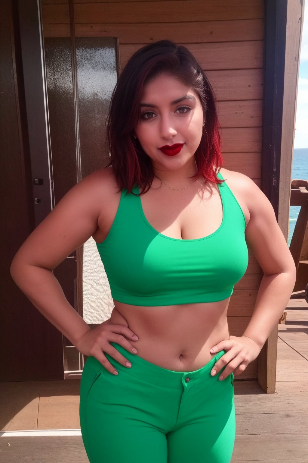 score_9,score_8_up,score_7_up,score_6_up,
vivianxl,black hair,streaked red hair,green eyes,short hair,lipstick,
red shirt,red bracer,
brown pants,cleavage,midriff,
standing,
looking at viewer,
cabin,ocean,,