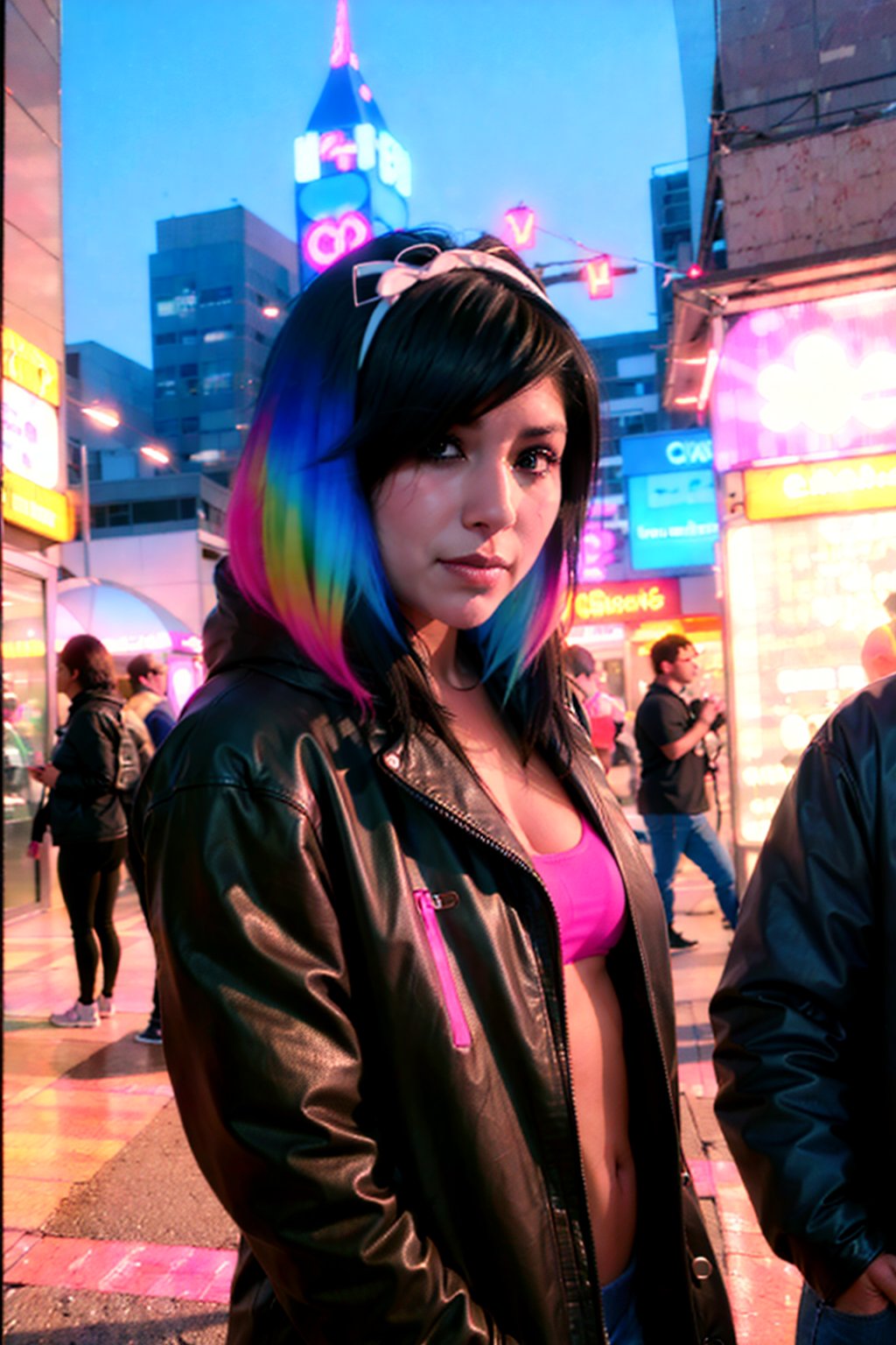 /workflow /run:flux-dev /size:768x1024 /seed:250150 /  The image portrays a woman with a black leather jacket decorated with colorful stickers her hair dyed in vibrant pink. Her gaze is directed to the side adding an air of intrigue to her character. The setting is a lively urban night scene filled with neon lights and signs written in an Asian language. The woman appears to be waiting or observing contributing to the overall atmosphere of mystery and excitement.  The color palette consists of predominant black from the jacket multicolored stickers on the same and pink from her hair. The im...
