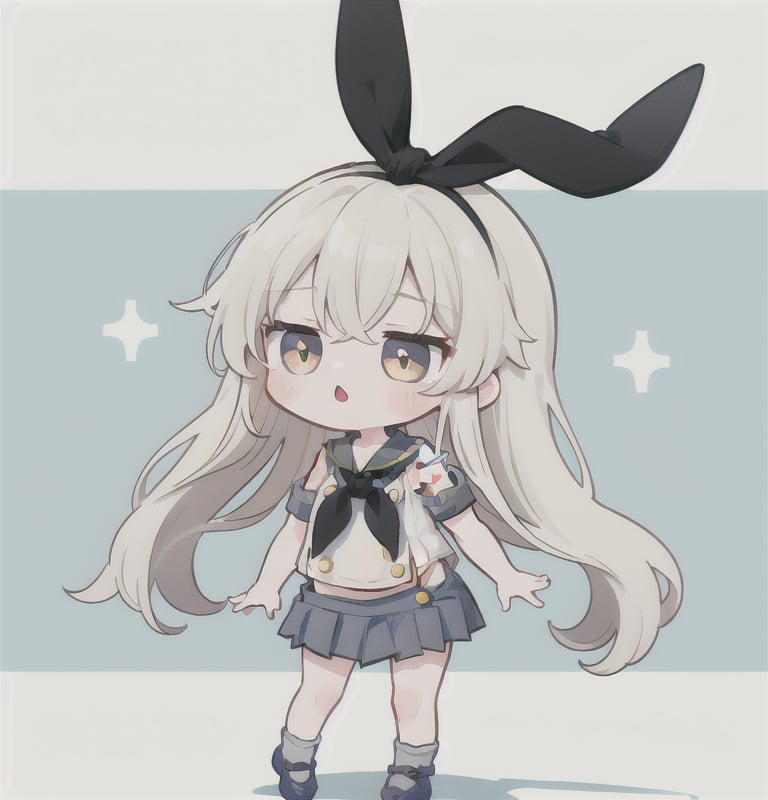 shimakaze_kantaicollection, long_hair, blond_hair, blue_bow, sailor_collar, striped_socks, yellow_eyes, pleated_skirt, chibi,cutechibiprofile, tiny_female, ,shaonv,skancolle, stadning, full_body