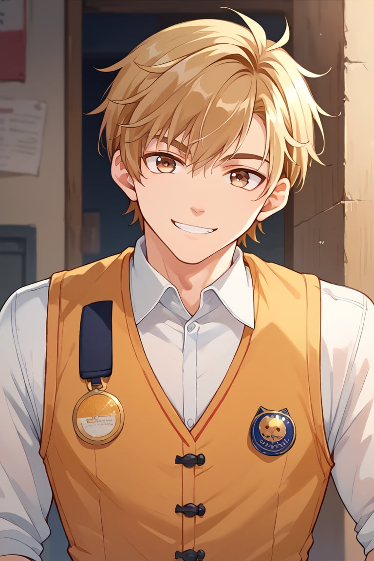 score_9, score_8_up, score_7_up, score_6_up, score_5_up, score_4_up, source_anime, luke_pearce , BREAK, 1boy, ,male focus, blonde hair, hazel eyes, looking at viewer, smile,,   ,brown hair, life vest, short hair