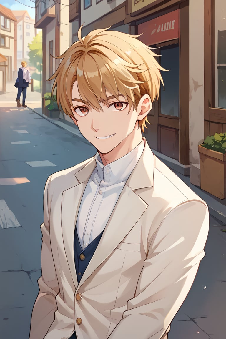 score_9, score_8_up, score_7_up, score_6_up, score_5_up, score_4_up, source_anime, luke_pearce , BREAK, 1boy, ,male focus, blonde hair, hazel eyes, looking at viewer, smile,,   ,brown hair, short hair, street, white_suit