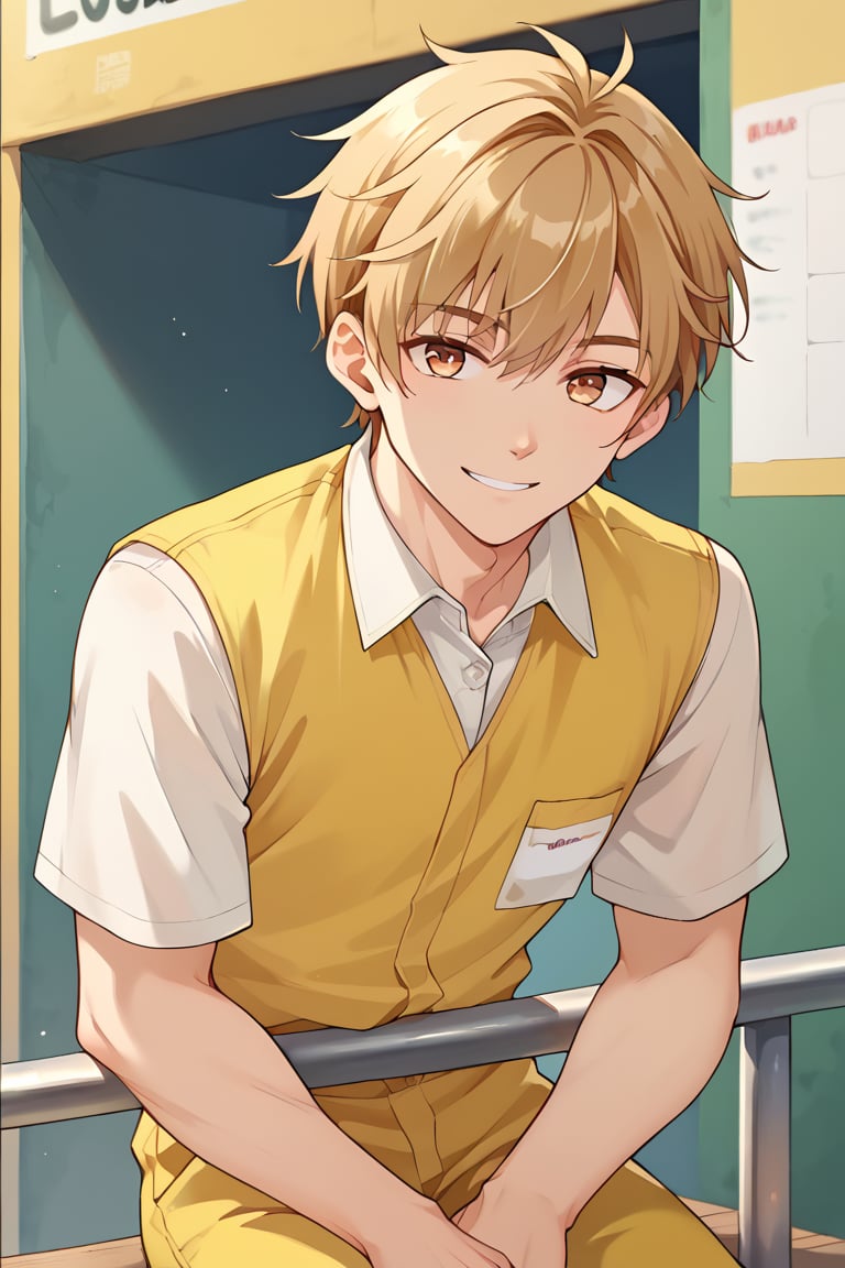 score_9, score_8_up, score_7_up, score_6_up, score_5_up, score_4_up, source_anime, luke_pearce , BREAK, 1boy, ,male focus, blonde hair, hazel eyes, looking at viewer, smile,,   ,brown hair, short hair, 
yellow employee uniform, sitting on railing