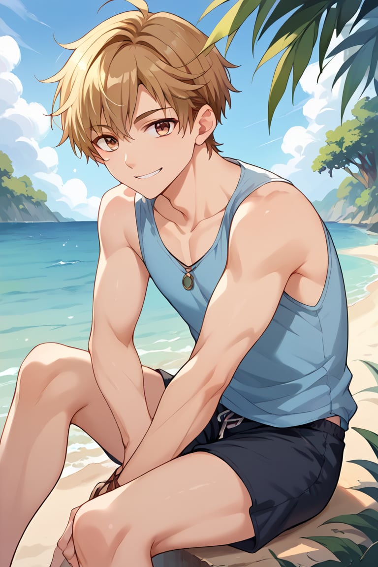 score_9, score_8_up, score_7_up, score_6_up, score_5_up, score_4_up, source_anime, luke_pearce , BREAK, 1boy, ,male focus, blonde hair, hazel eyes, looking at viewer, smile,,   ,brown hair, short hair, 
,Beach shorts, shore
, 