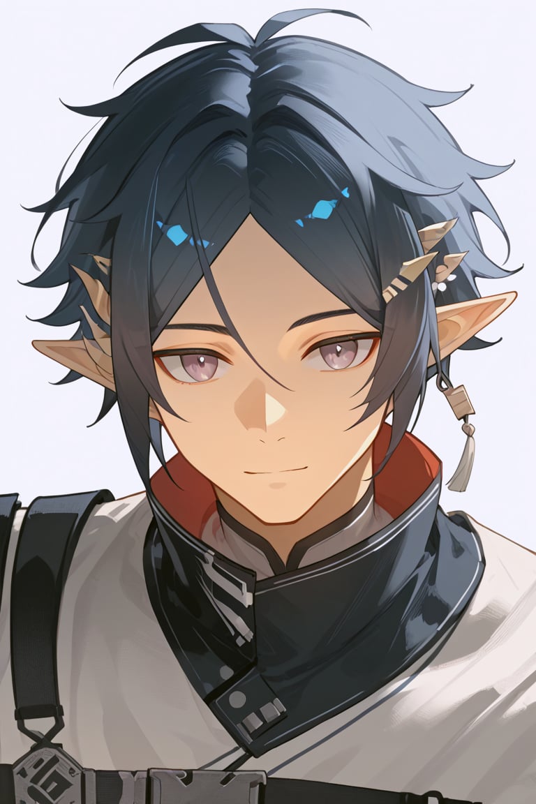 Zuole_Arknights,elf_ears,gray eyes,dark blue hair,face focus,mature,detailed face,source_anime,score_4_up,score_5_up,score_6_up,score_7_up,score_8_up,score_9,solo man, 1boy, perfect eyes, perfect anatomy, perfect proportions,naked, (upper body),solo focus