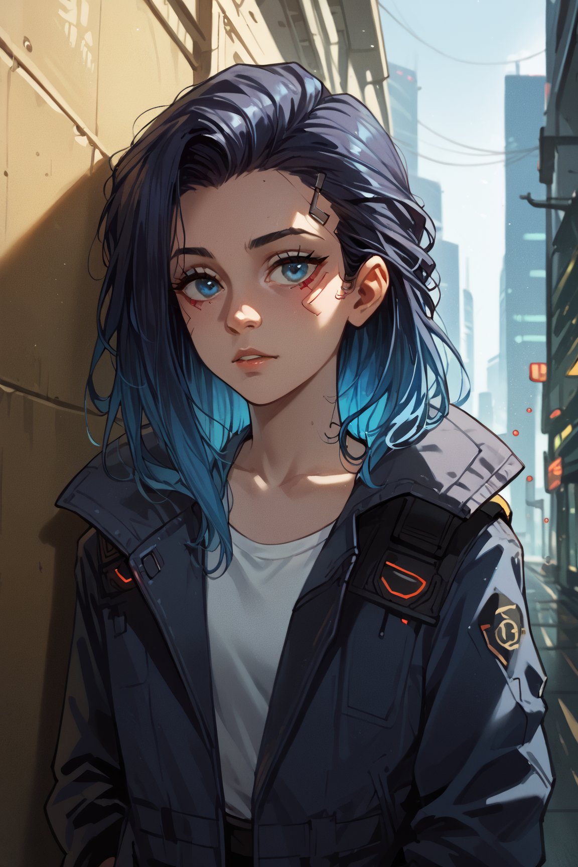 JululuStyle, DinoArtStyle, SabuArt, Expressiveh, score_9, score_8_up, score_7_up, rating_safe, outdoors, cyberpunk_setting, girl in a cyberpunk city, 1girl, solo, black hair, blue Hair, gradient hair, long hair, asymmetrical hair, blue eyes,