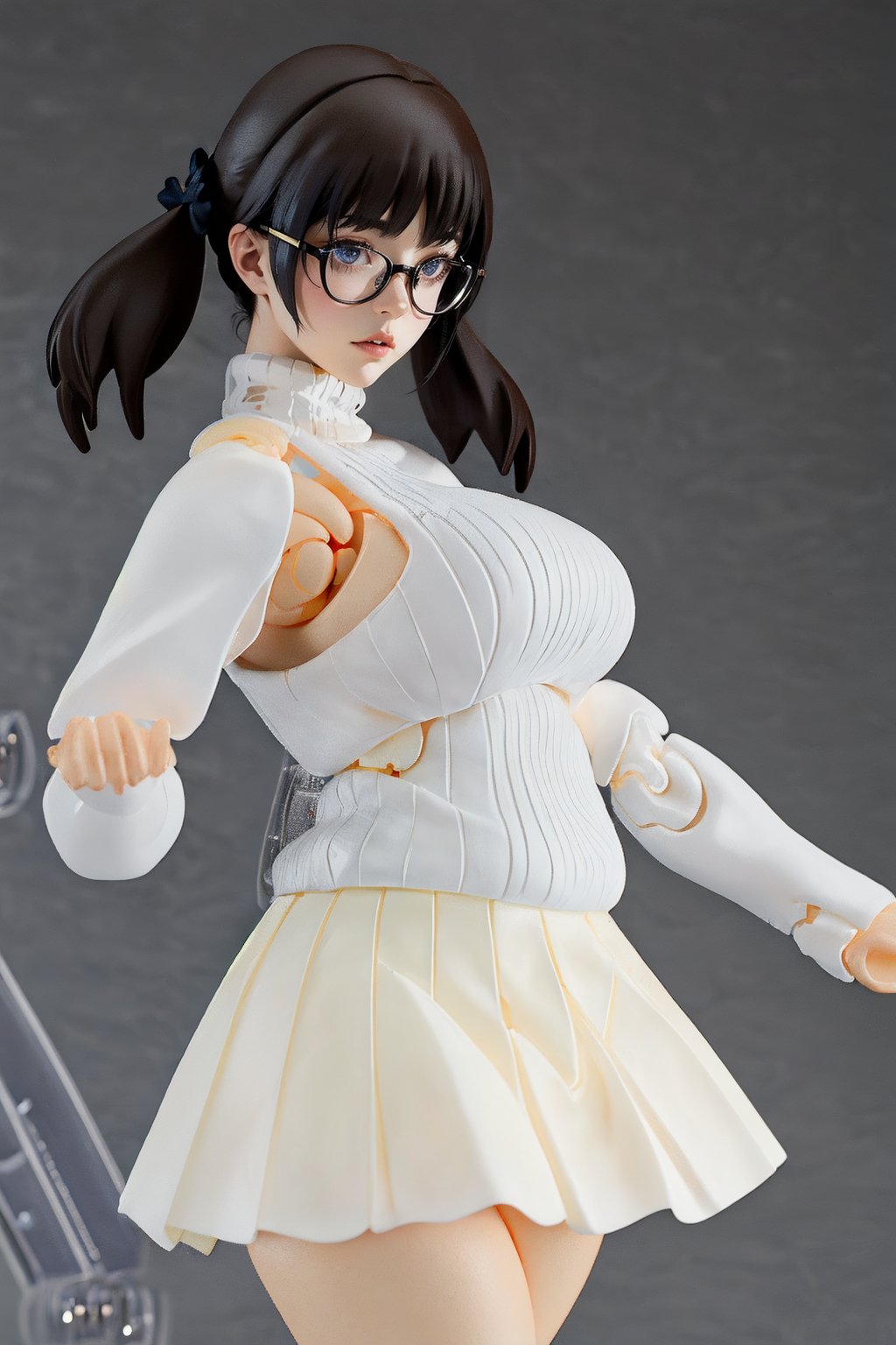 ((figma)), 1girl, shinonomeumi, (glasses), brown eyes, voluptuous body, chubby, big breasts wearing a white turtleneck, white skirt, 8k, masterpiece, absurdres,