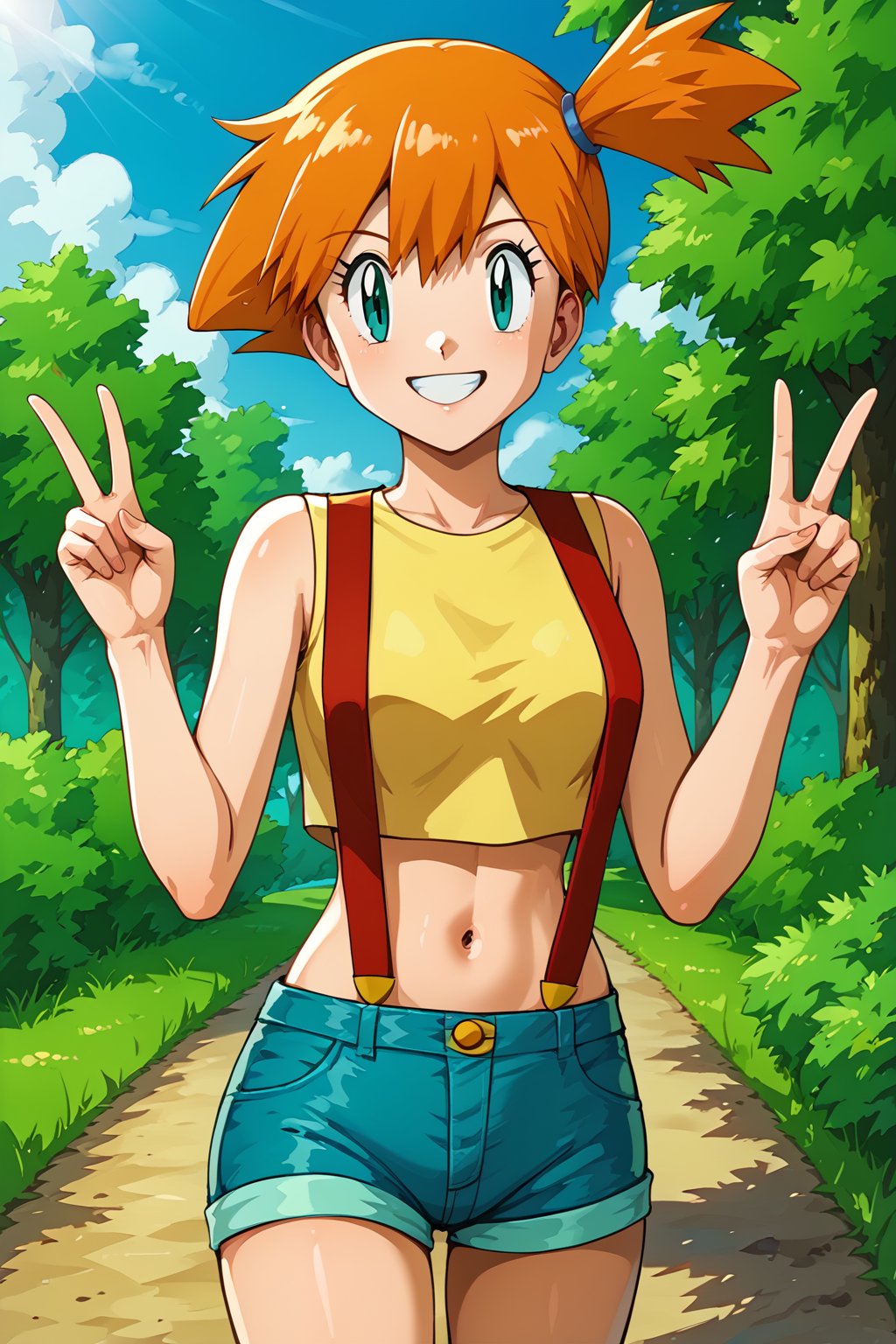 masterpiece, best quality, highres, 1girl, misty (pokemon), orange hair, solo, shorts, suspenders, side ponytail, orange hair, midriff, yellow crop top, navel, short hair, denim, denim shorts, (lora:misty_(pokemon)_v2:0.7), smile, cowboy shot, standing, peace_sign, outdoors,