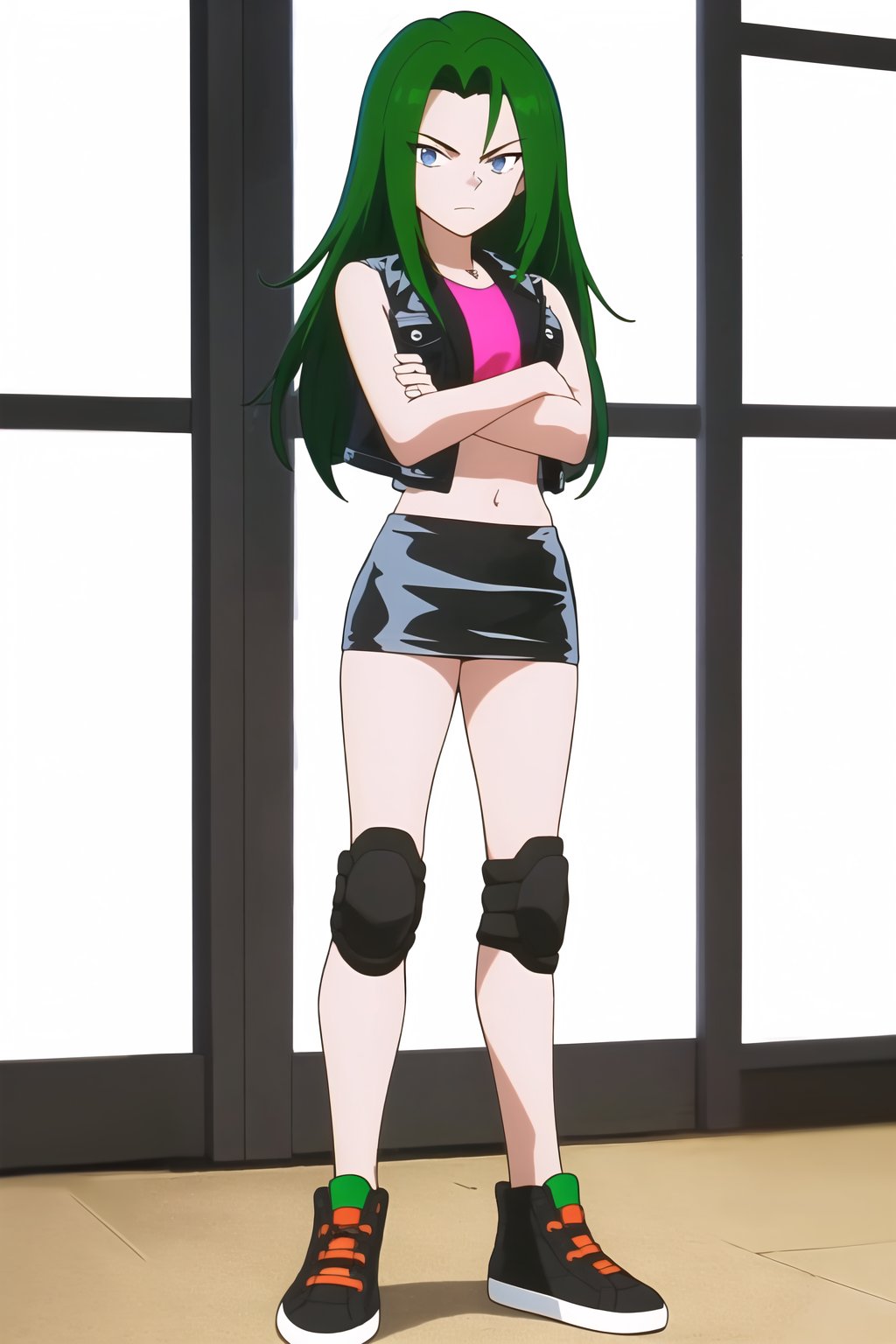 (masterpiece, highres, best quality:1.3), tyra, 1girl, solo, long hair, looking at viewer, bangs, blue eyes, miniskirt, detailed background, shirt, indoors, navel, jewelry, closed mouth, standing, jacket, full body, green hair, shoes, sleeveless, midriff, miniskirt, black skirt, vest, crop top, crossed arms, sneakers, pencil miniskirt, knee pads, sleeveless jacket, cropped jacket