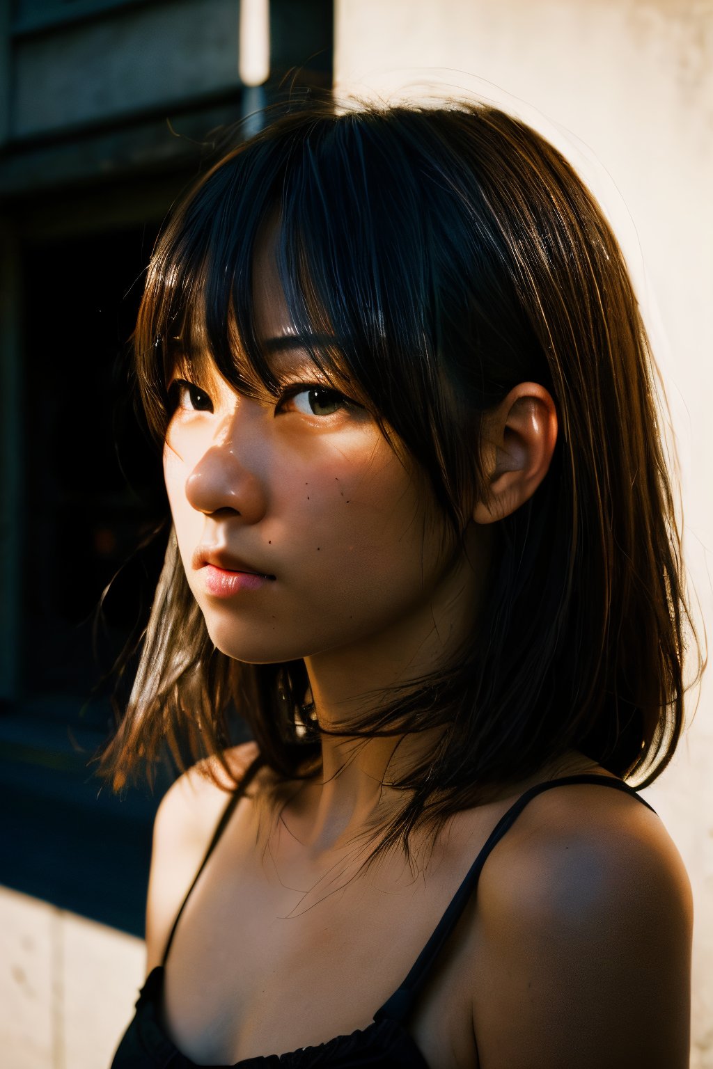 realistic,portrait,sunlight,shadow,japaness,sexy,girl,messy hair,light,outdoor,detailed,real skin,lightshapes,anime,masterpiece